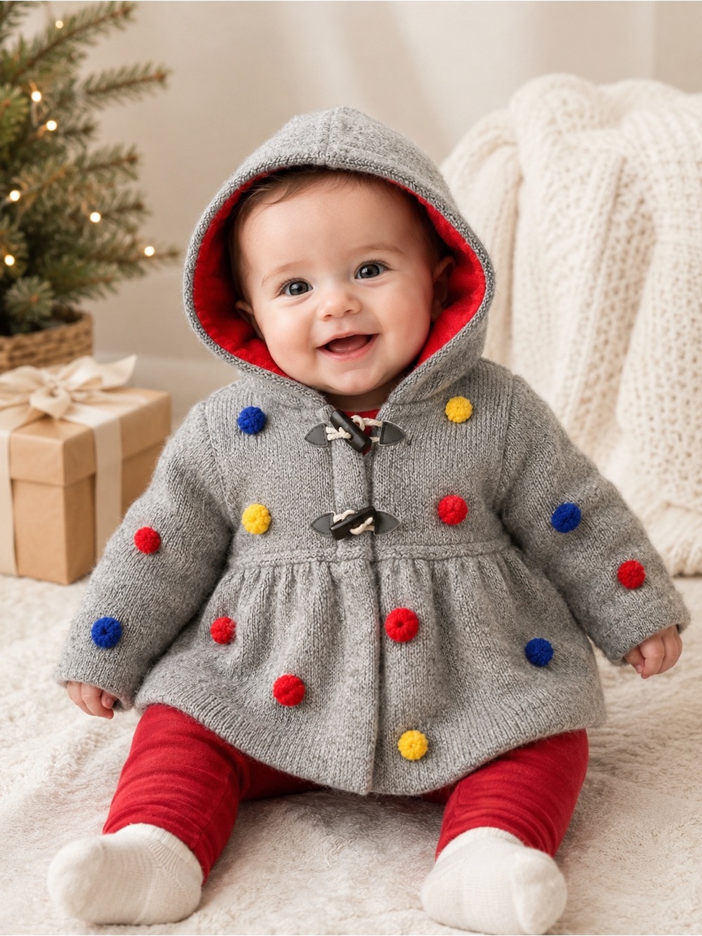 Tucker + Tate Baby Girl Pom Pom Hooded Knit Coat 3M Gray Toggle Jacket